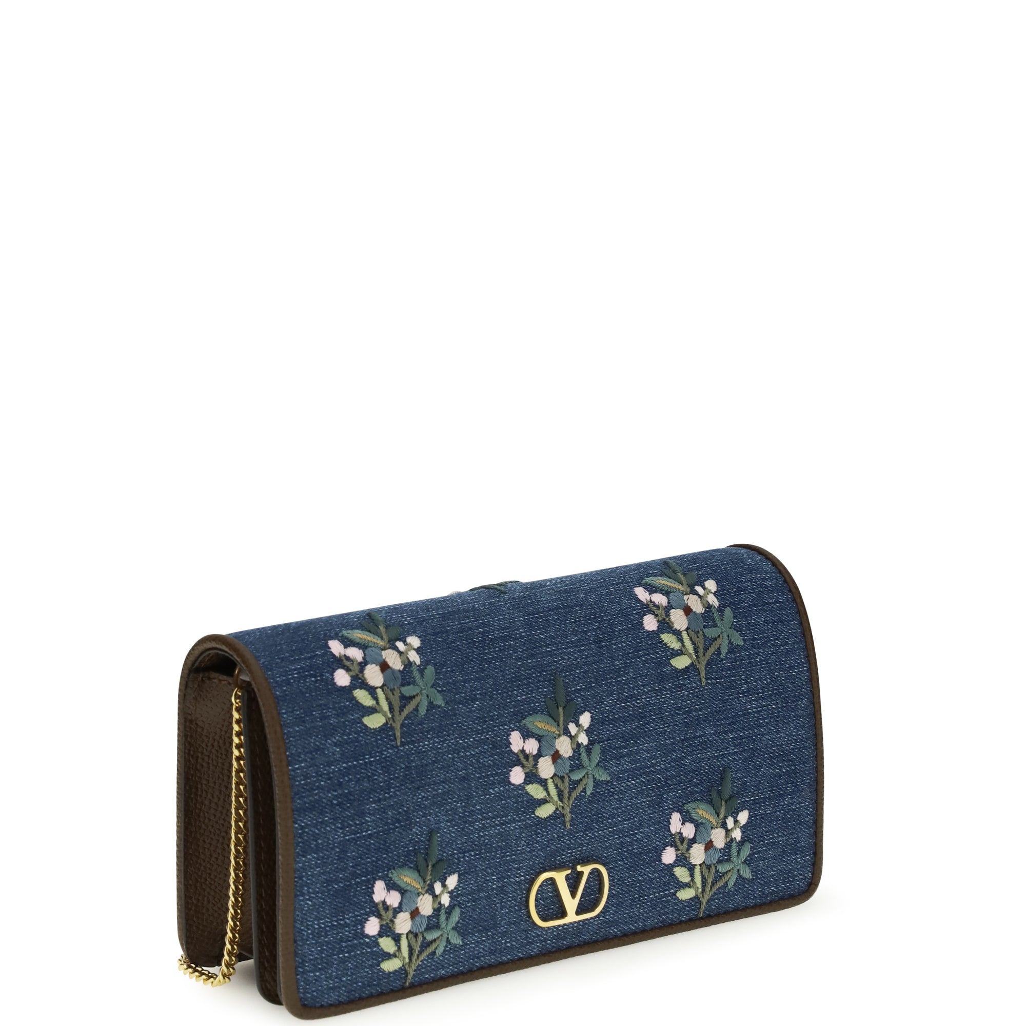 Mini VLogo Signature Shoulder Bag in denim with floral embroidery