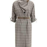 Wool Check Dress with a shawl collar