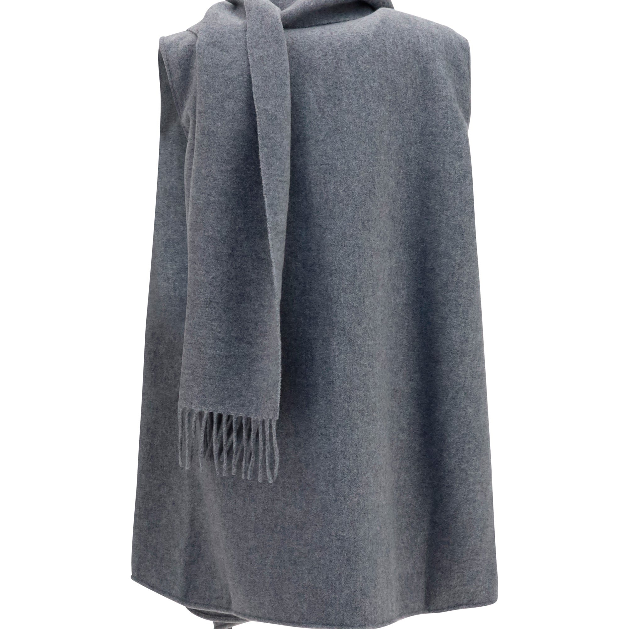 High-neck wool Cape with concealed closure and fringes