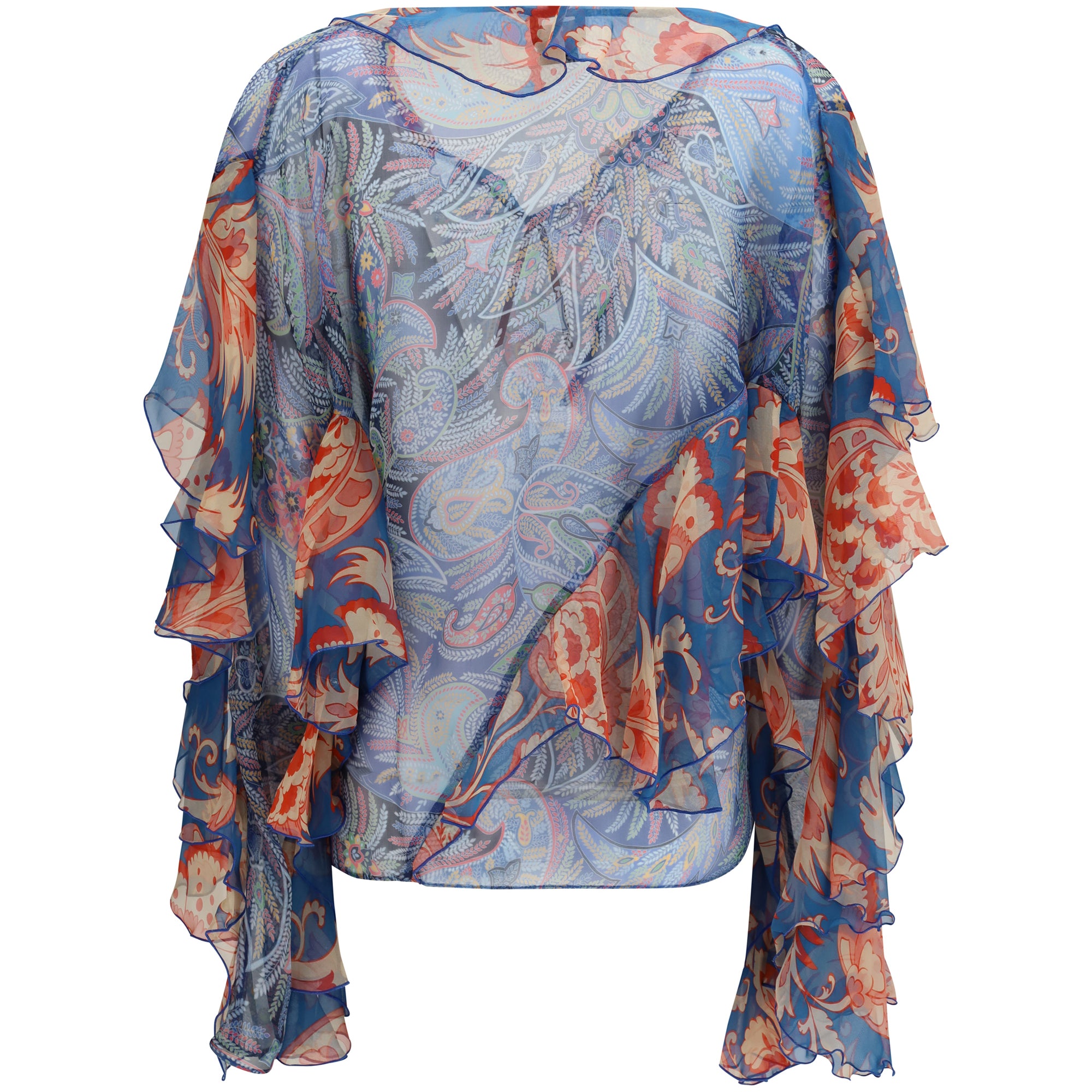 Long-sleeve silk Shirt with ruffles and floral motif